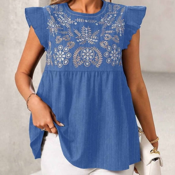 Haivin Women's Boho Eyelet Embroidered Blouse Short Sleeve Button Down Shirt Ruffle Babydoll Top