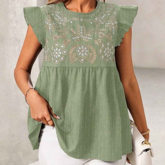Haivin Women's Boho Eyelet Embroidered Blouse Short Sleeve Button Down Shirt Ruffle Babydoll Top