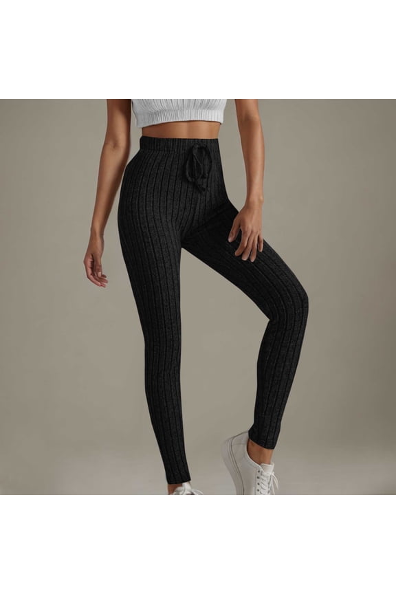 Women's Brushed Ribbed Knit Pants, Solid Color with Elastic Drawstring Waist, Casual Comfortable for Daily Wear and Lounge