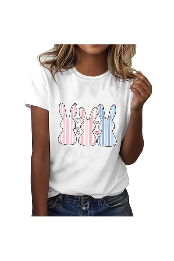 Women's Casual Easter Print Short Sleeve T-Shirt, Soft Round Neck Blouse with Floral Print for Spring and Daily Wear