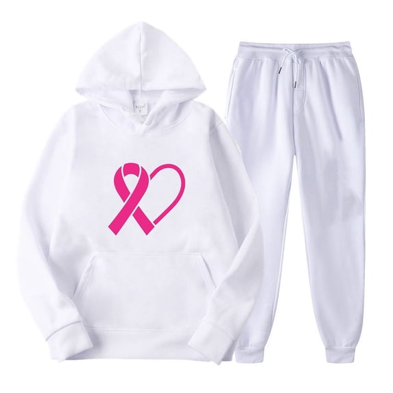 Haivin Women's Casual Long Sleeve Hooded Sweatshirt and Sweatpants Set with Breast Cancer Awareness Print, Comfortable Cotton Blend for Autumn Winter Daily Wear