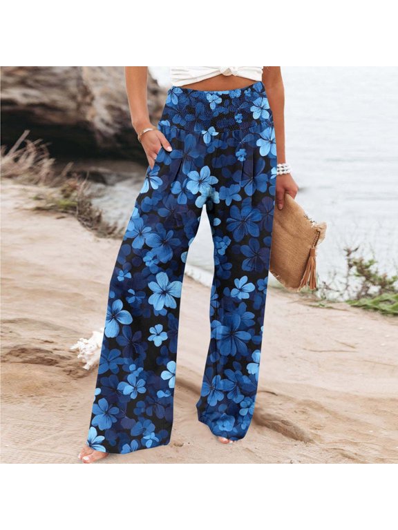 Women's Casual Loose Fit Pants with Printed Pattern, Elastic Waistband Pockets, High-Waisted Straight Leg for Daily Wear