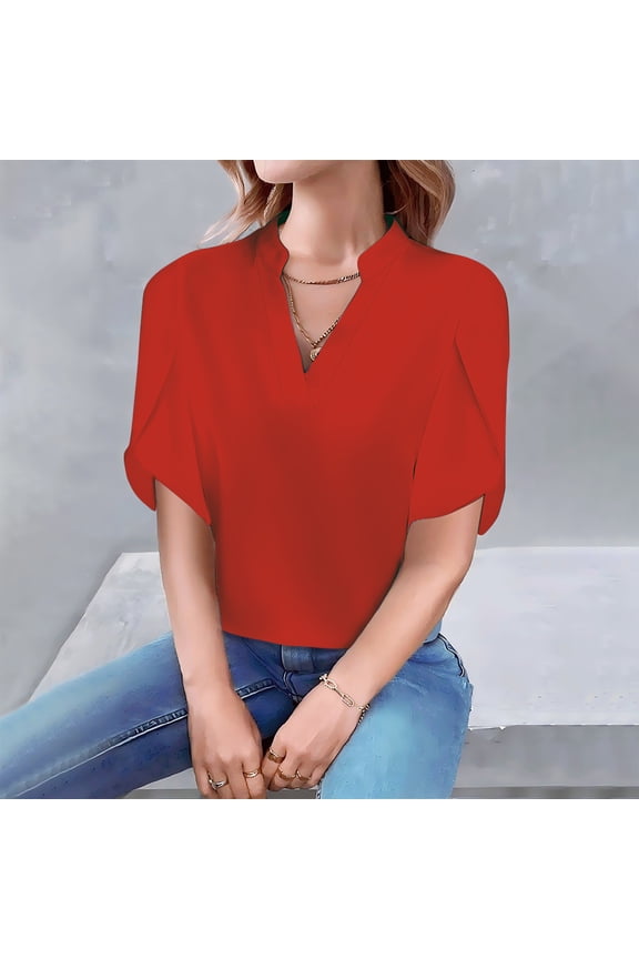 Women's Casual Petal Sleeve Blouse, Loose Fit V-Neck Solid Color Top, Breathable and Comfortable for Daily Wear and Leisure Activities