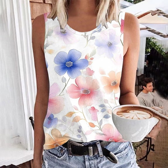 Haivin Women's Casual Print Sleeveless Tank Top, Round Neck Summer Blouse for Daily Wear and Outdoor Activities