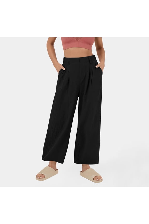 Women's Casual Wide Leg Pants, Solid Color Cotton Linen Blend with Pockets and Elastic Waistband for Everyday Wear