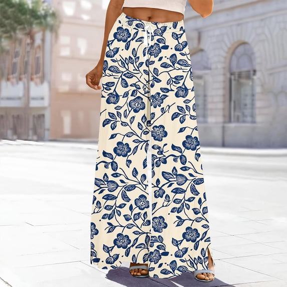 Haivin Women's Casual Wide-Leg Pants with Irregular Print, Elastic Waist with Drawstring, Side Pockets for Daily Use and Travel