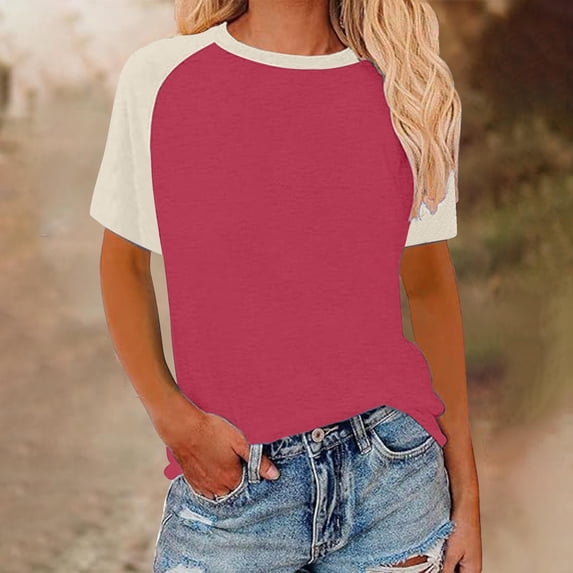 Haivin Women's Color-Block Print Raglan Short Sleeve Round Neck T-Shirt, Casual and Stylish Top for Everyday Wear