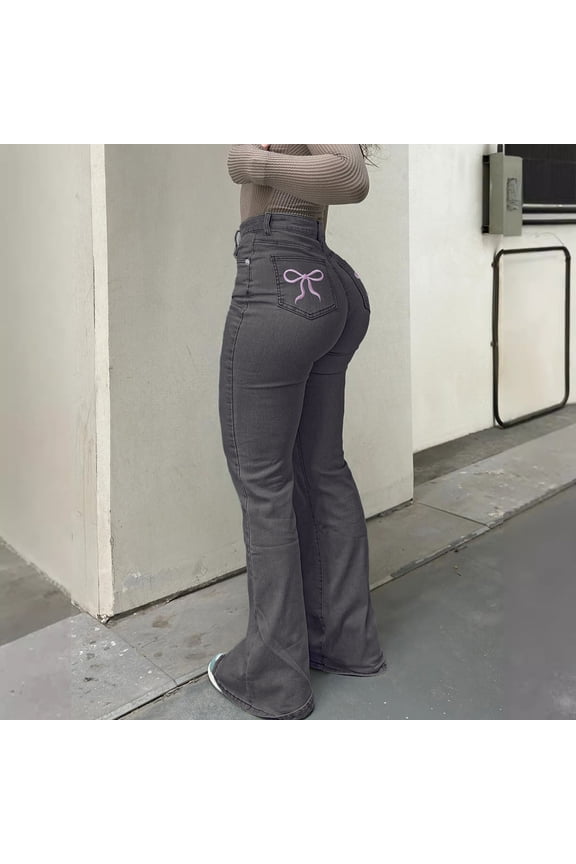 Women's Cotton High-Waisted Flare Jeans with Bow Embroidery, Stretch Slim Fit, and Pockets for Streetwear and Daily Fashion