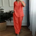 thumbnail image 1 of Haivin Women's Cotton Linen Shirt and Wide Leg Pants Set, Solid Color Three-Quarter Sleeve V-Neck Blouse with Button Detail, Breathable Comfortable Outfit for Casual Daily Wear and Travel, 1 of 6