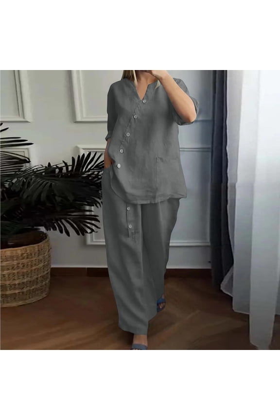 Women's Cotton Linen Shirt and Wide Leg Pants Set, Solid Color Three-Quarter Sleeve V-Neck Blouse with Button Detail, Breathable Comfortable Outfit for Casual Daily Wear and Travel