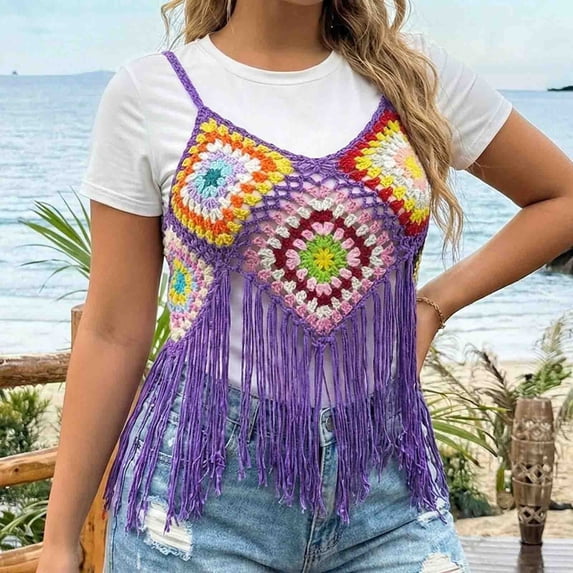 Haivin Women's Crochet Color Block Tank Top with Fringe, Casual Sleeveless Blouse for Summer, Beach and Daily Wear