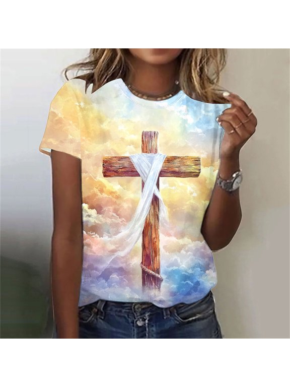 Women's Easter Print Short-Sleeve T-Shirt, Casual Round Neck Blouse with Festive Design, Lightweight Soft Top for Spring Celebrations and Daily Wear