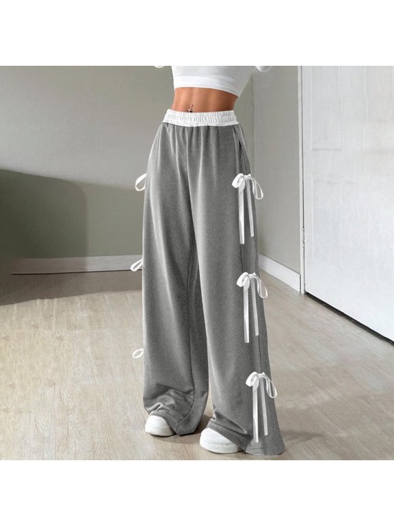 Women's Elastic Waistband Pants with Bow Detail and Patchwork Pockets for Casual and Daily Use