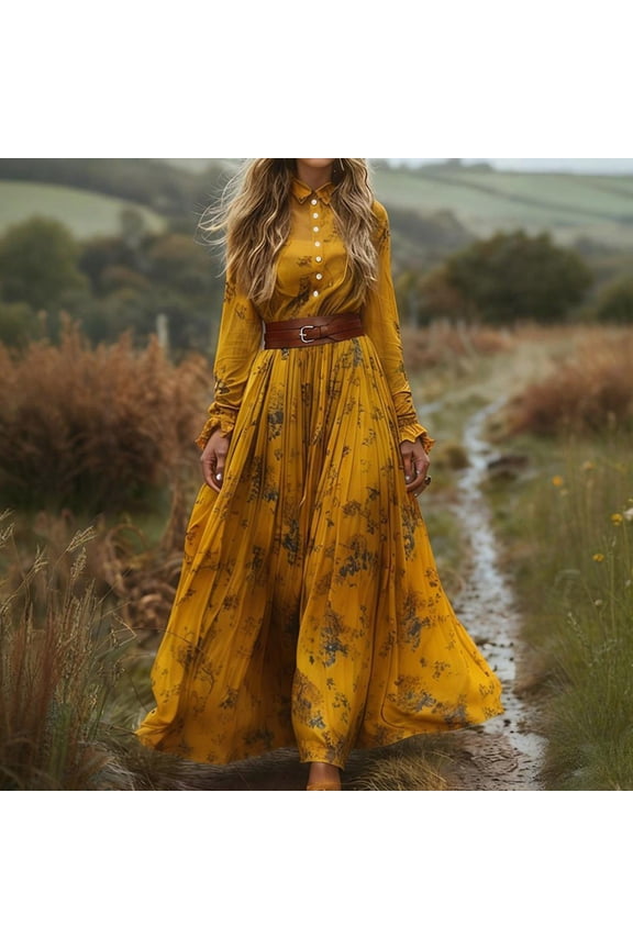 Women's Elegant Puff Long Sleeve Dresses Mock Neck Swing Flowy Ruffle Hem Dress with Belt