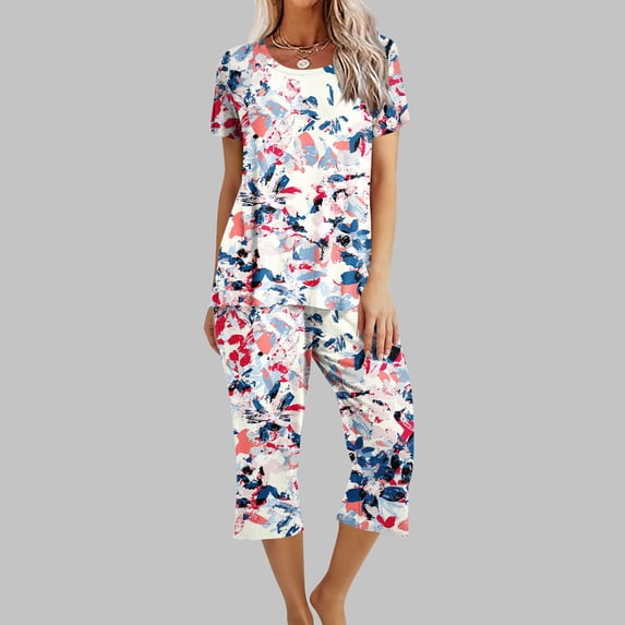 Haivin Women's Fashion Printed Sleepwear Set, Round Neck Short Sleeve Top with Capri Pants, Comfortable for Home Lounge and Bedtime