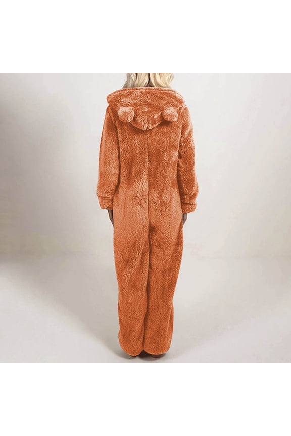 Women's Fleece Jumpsuit, Long Sleeve with Zipper Hood and Cat Ears, Loungewear for Home and Casual Wear