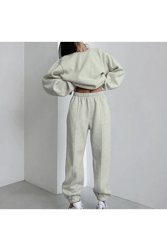 Women's Fleece Sweatsuit Set, Solid Color Long Sleeve Hoodie and Pants, Warm Plush Lined Sporty Outfit for Casual Sports and Daily Wear