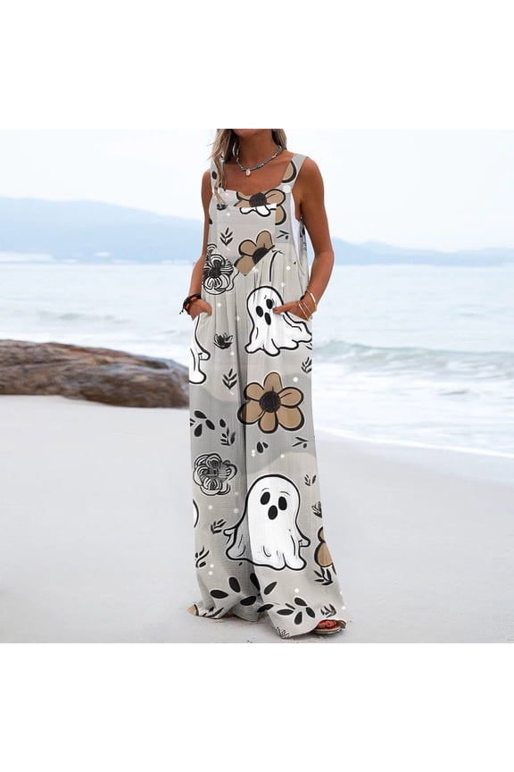 Women's Halloween Print Jumpsuit with Pockets and Buttons, Summer Overalls Style Long Pants for Casual Wear and Party