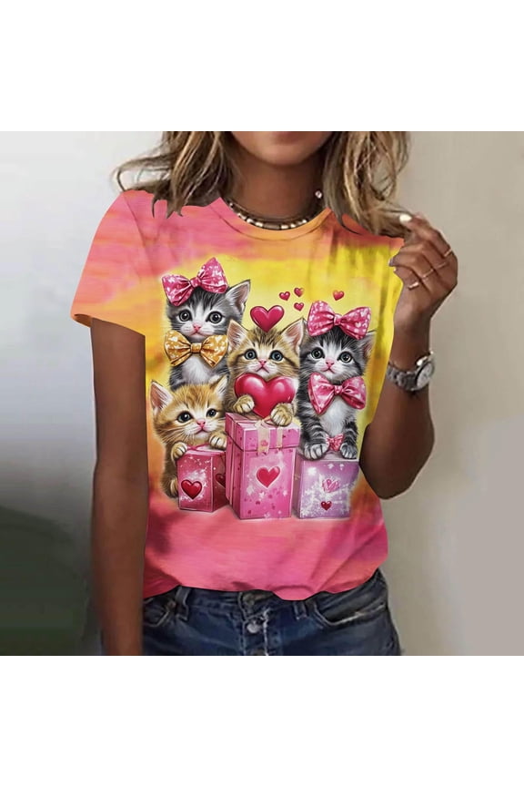 Women's Heart Print Short Sleeve Round Neck Top/Blouse