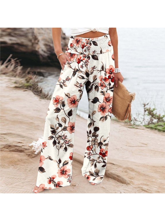 Women's High Waist Straight Leg Pants, Loose Fit Printed with Elastic Waistband and Pockets, Stretch for Casual and Daily Wear