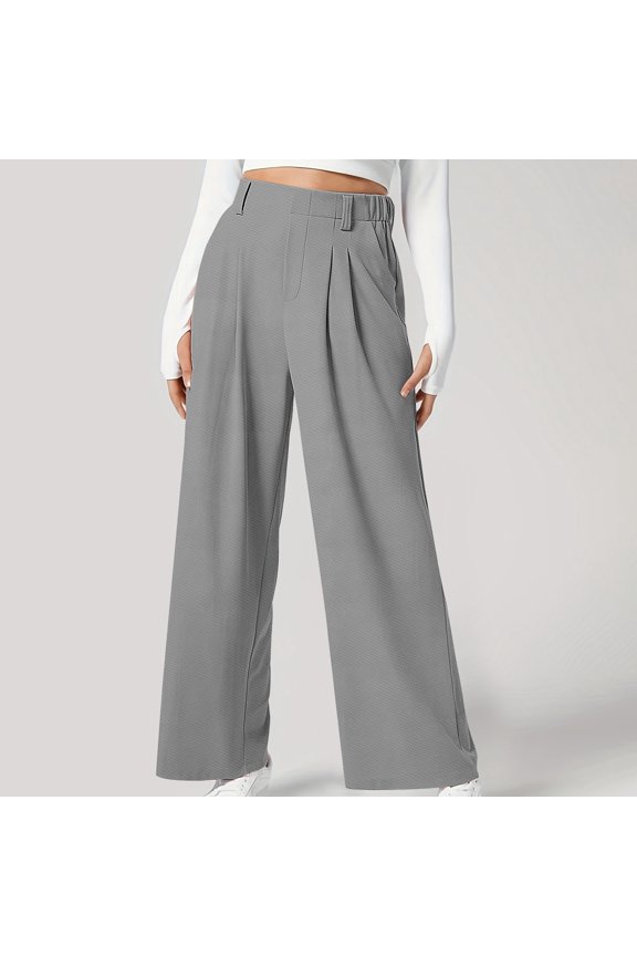 Women's High Waist Wide Leg Casual Pants with Pleated Hem and Pockets for Everyday Comfort