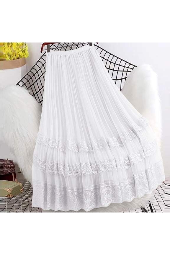 Women's High Waisted A-Line Mid Length Skirt Patchwork Lace Cake Skirt, Large Hem Pleated Skirts