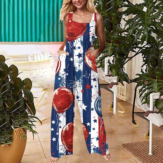 Haivin Women's Independence Day Print Loose Fit Button Front Jumpsuit with Pockets for Holiday and Casual Wear