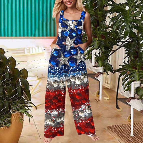 Haivin Women's Independence Day Print Loose-Fitting Button Front Jumpsuit with Pockets, Casual Wear for Daily Use and Holiday Events