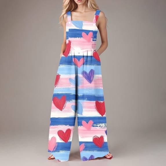 Haivin Women's Jumpsuit, Loose Fit with Button Front and Pockets, Valentine's Day Print for Casual and Daily Wear