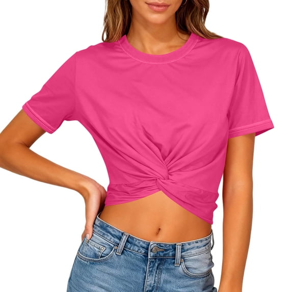 Haivin Women's Knotted Crop Top, Solid Color Short Sleeve Round Neck with Backless Design, Casual for Daily Wear and Party