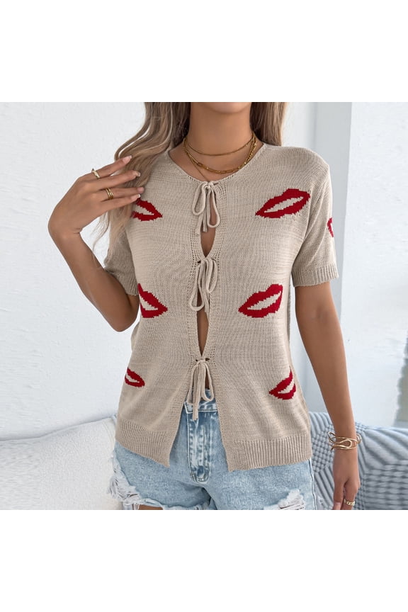 Women's Lips Print Round Neck Tie Front Short Sleeve Blouse, Casual Fashion for Daily Wear