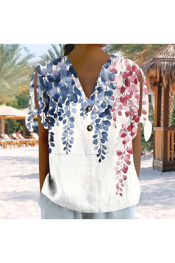 Women's Non Positioning Printed V-neck Button Short Sleeved Tied Loose T-shirt Fashionable Casual