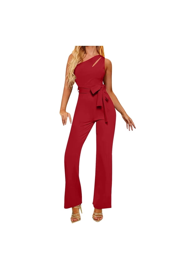 Women's One-Shoulder Asymmetric Jumpsuit, Sleeveless with Zipper and Tie Details, Solid Color Fashion for Party and Daily Wear