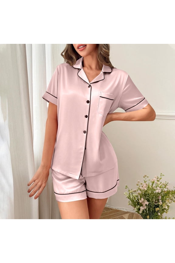 Women's Pajama Set, Short Sleeve Button-Down Top with Shorts, Solid Color Simple Design, Comfortable for Home and Sleep
