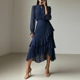 thumbnail image 1 of Haivin Women's Pleated Formal Dress, Solid Color with Ruffle Hem and Irregular Hemline, Long Sleeves, Round Neck, Evening Gown for Parties, Weddings and Special Occasions, 1 of 9