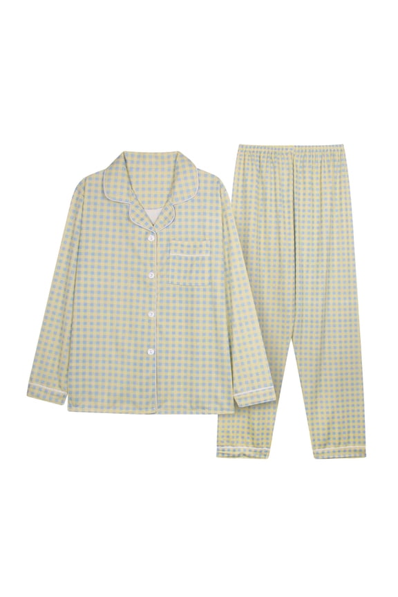Women's Printed Button-Front Lapel Pajama Set, Loose Fit Long Sleeve Cardigan and Pants for Comfortable Sleep and Lounge