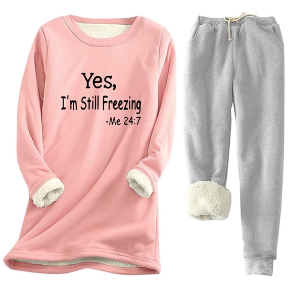 Haivin Women's Printed Fleece-Lined Top and Pants Set, Solid Color Round Neck Long Sleeve with Drawstring Pockets, Thermal Warm for Winter, Casual Daily Wear