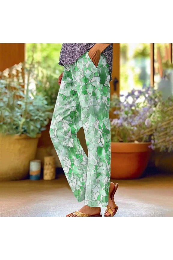 Women's Printed Linen-Style Casual Pants with Cuffed Hem and Pockets, Comfortable Straight Leg for Daily Wear