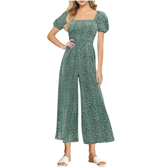 Haivin Women's Printed Wide Leg Jumpsuit with Square Neck and Puff Sleeves, Summer Casual Breathable for Daily Wear and Outdoor Activities