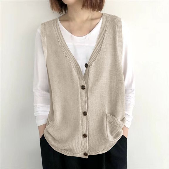 Haivin Women's Pullover Vest, Solid Color V-Neck with Buttons and Pockets, Knit Loose Fit for Spring, Autumn and Winter