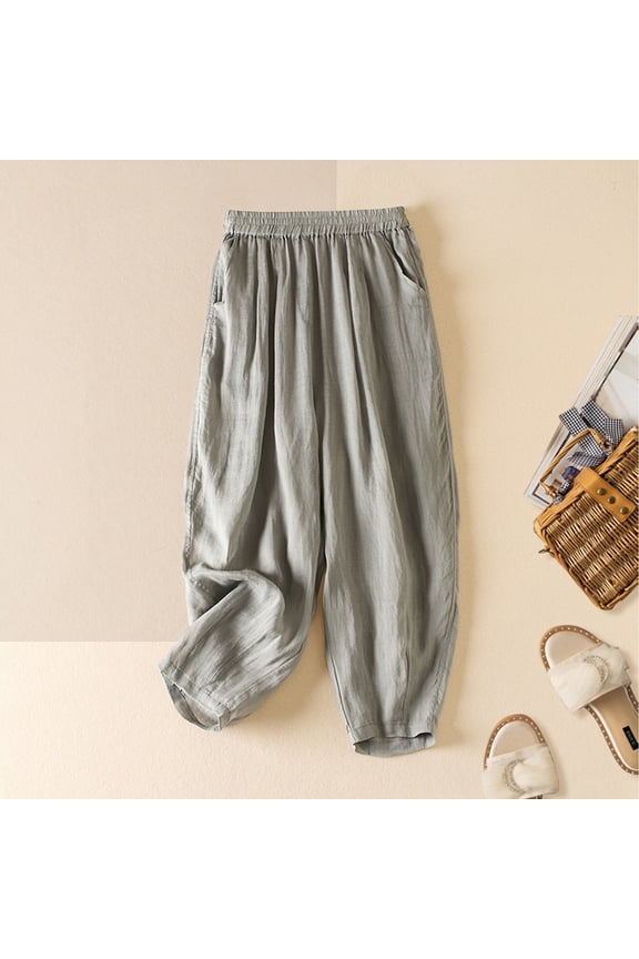 Women's Ramie Harem Pants, Solid Color Double Layer Loose Fit Casual Cropped Trousers for Daily Wear