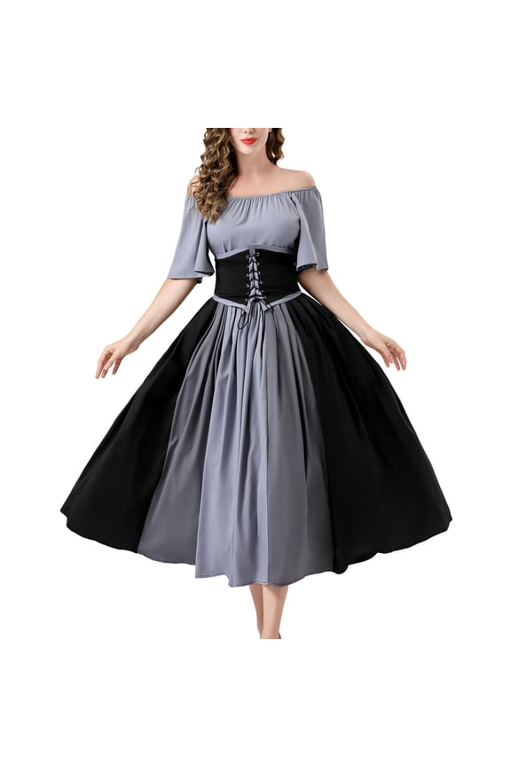 Women's Renaissance Corset Dress, Two-Tone and Solid Color Medieval Vintage Court Gown, Lace-Up Waist Cinching Costume for Themed Parties and Cosplay