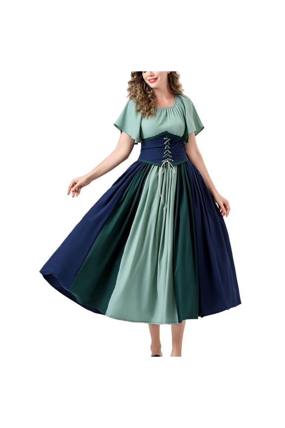 Women's Renaissance Corset Dress, Two-Tone and Solid Color Medieval Vintage Court Gown, Lace-Up Waist Cinching Costume for Themed Parties and Cosplay