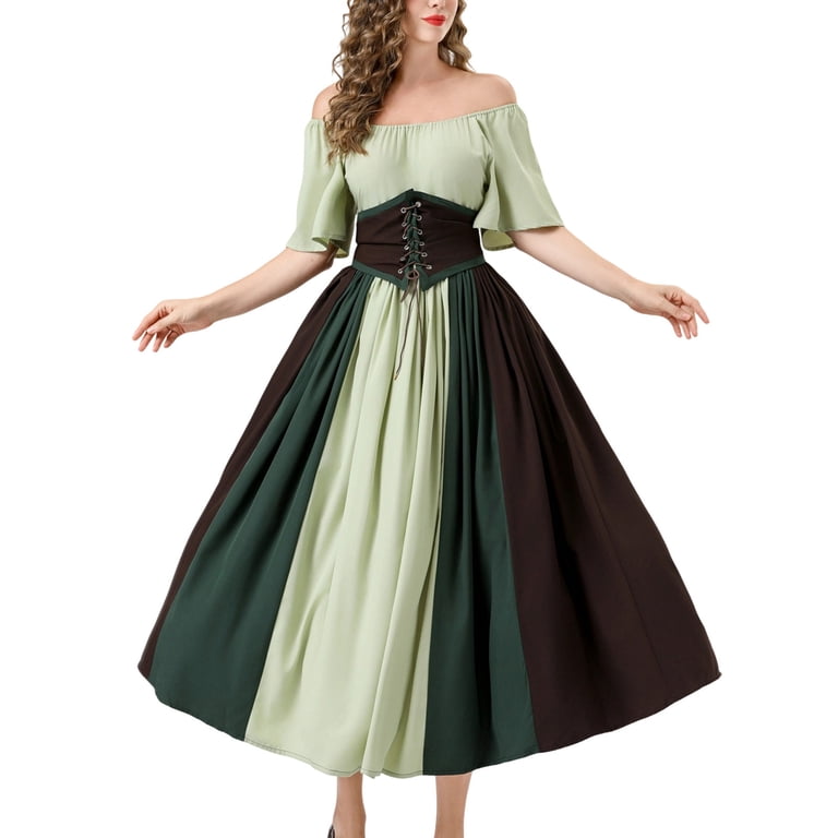 Haivin Women's Renaissance Corset Dress, Two-Tone and Solid Color Medieval Vintage Court Gown, Lace-Up Waist Cinching Costume for Themed Parties and Cosplay