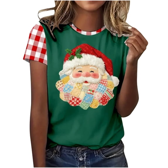 Haivin Women's Round Neck Christmas Santa Print Short Sleeve T-Shirt,Festive Holiday Graphic Tee,Soft Cotton Casual Top for Christmas Party and Seasonal Wear