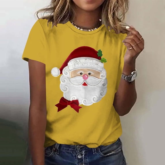 Haivin Women's Santa Claus Print T-Shirt, Short Sleeve Round Neck Cotton Top, Casual Christmas Graphic Tee for Holiday Party and Daily Wear