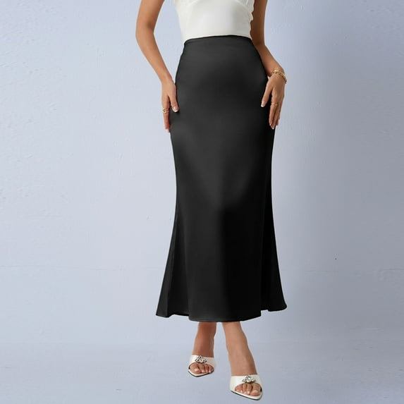 Haivin Women's Satin High Waisted Maxi Skirts Hidden Elasticized Waistband A Line Long Skirt