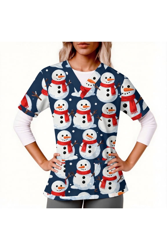 Women's Scrub Top for Christmas, Short Sleeve V-Neck with Two Pockets, Professional Healthcare Uniform for Nursing and Holiday Work