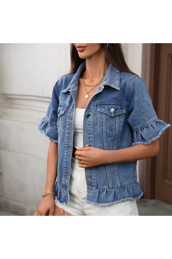Women's Short Sleeve Denim Jacket, Solid Color with Pockets and Turn-Down Collar, Cotton Casual Outerwear for Fall Winter and Daily Use