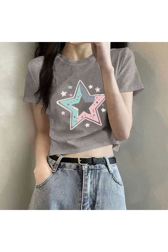 Women's Short Sleeve T-Shirt, Round Neck Cropped with Star Print, Comfortable Casual Top for Daily Wear